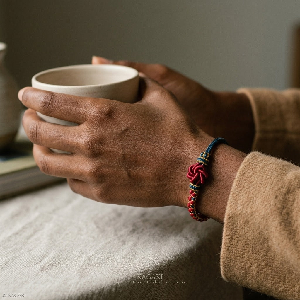 KAGAKI Onyx Navy and Crimson deep tone mandala relationship cord, wrist view, handmade cord bracelet gift