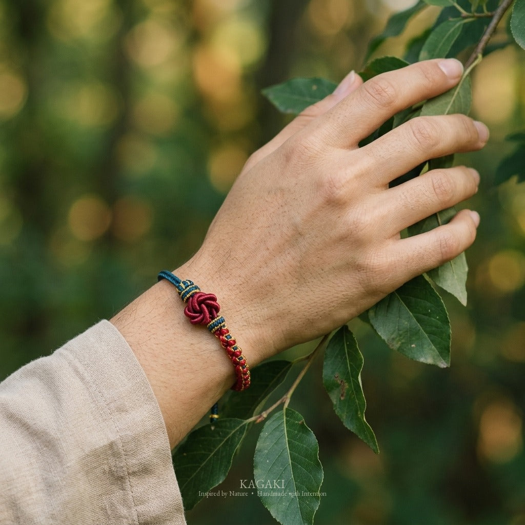 KAGAKI Onyx Navy and Crimson deep tone mandala relationship cord, wrist view, handmade cord bracelet gift