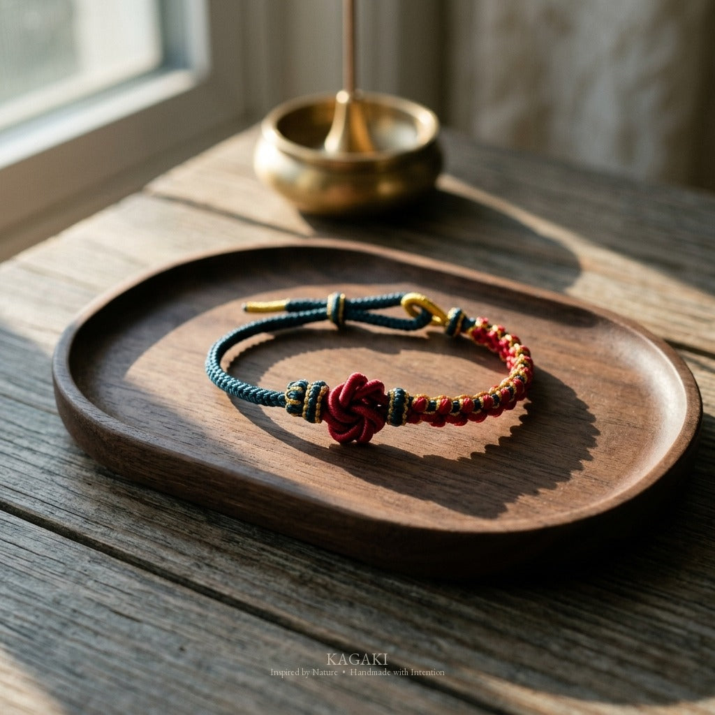 KAGAKI Onyx Navy and Crimson deep tone mandala relationship cord, studio view, handmade cord bracelet gift