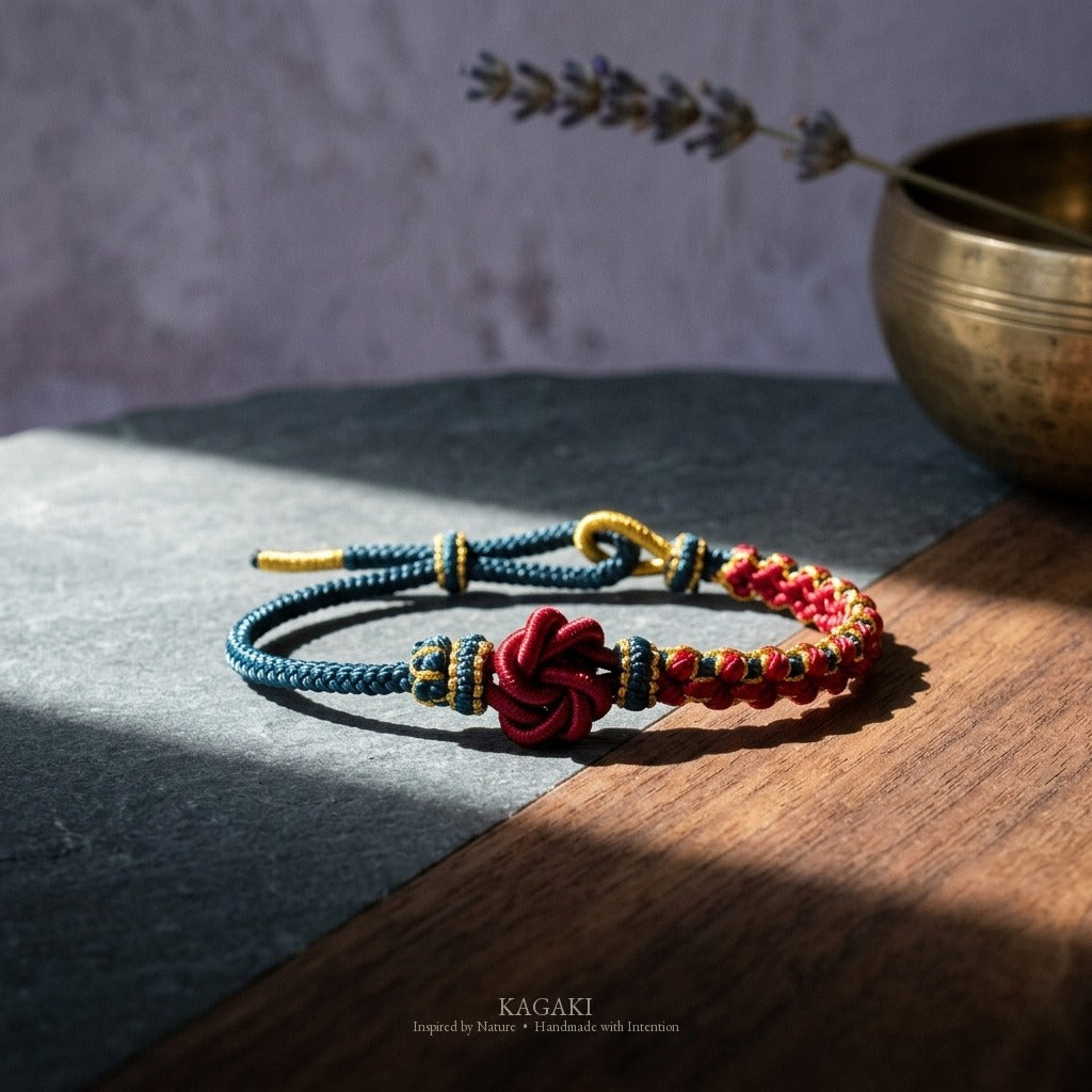 KAGAKI Onyx Navy and Crimson deep tone mandala relationship cord, studio view, handmade cord bracelet gift