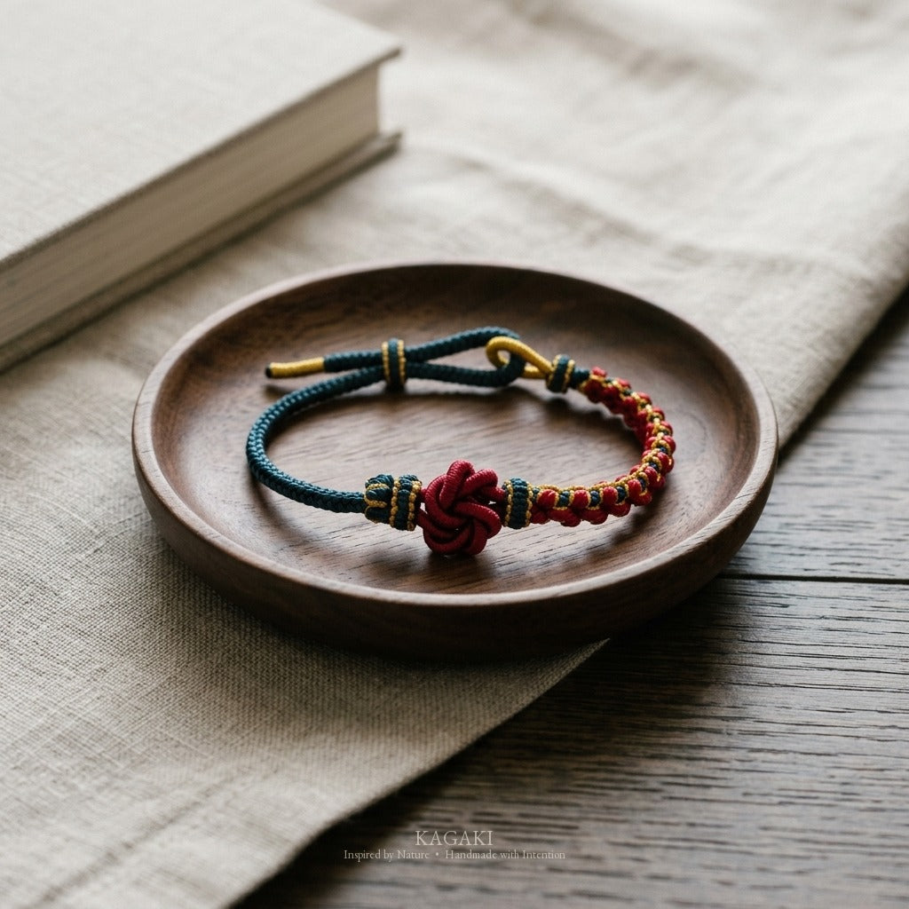 KAGAKI Onyx Navy and Crimson deep tone mandala relationship cord, studio view, handmade cord bracelet gift