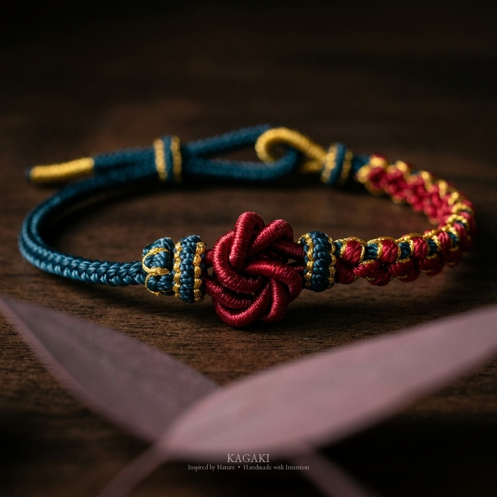 KAGAKI Onyx Navy and Crimson deep tone mandala relationship cord, studio view, handmade cord bracelet gift