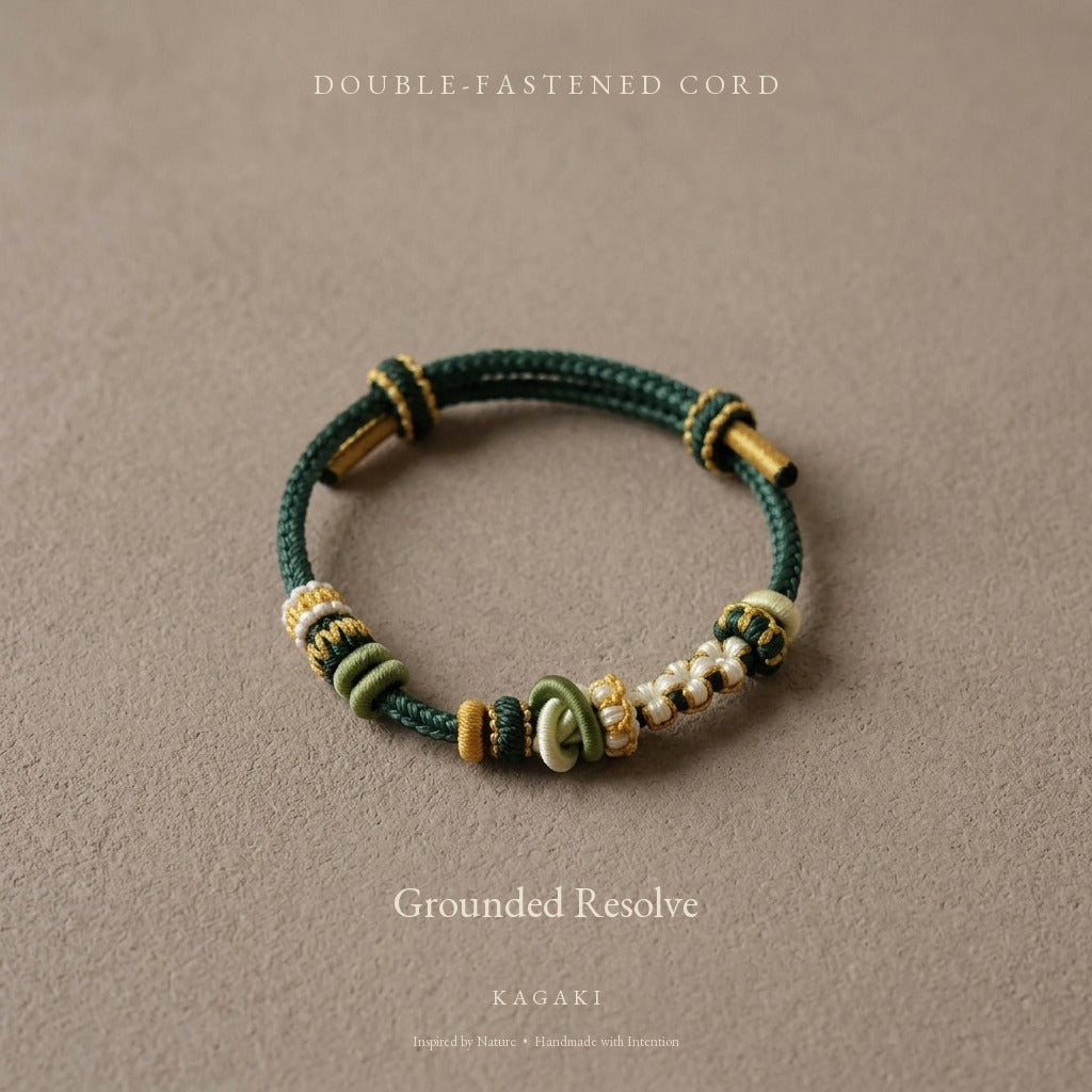 KAGAKI Bind Highland Green double-fastened braided cord, product view, handmade cord bracelet gift