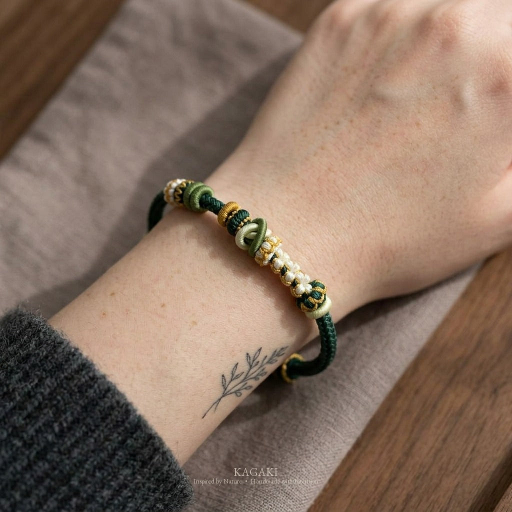 KAGAKI Bind Highland Green double-fastened braided cord, wrist view, handmade cord bracelet gift