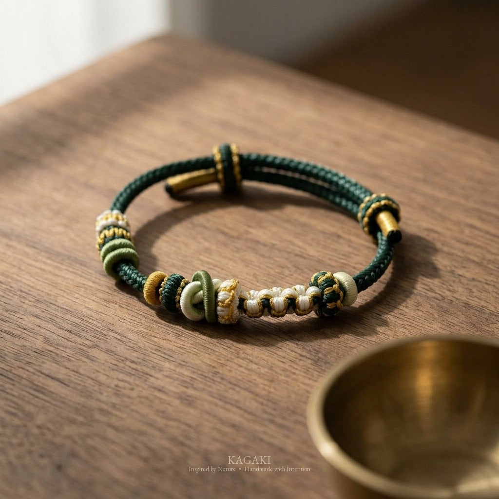 KAGAKI Bind Highland Green double-fastened braided cord, studio view, handmade cord bracelet gift