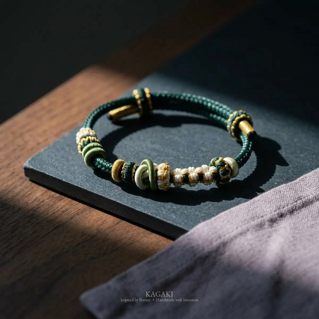 KAGAKI Bind Highland Green double-fastened braided cord, studio view, handmade cord bracelet gift