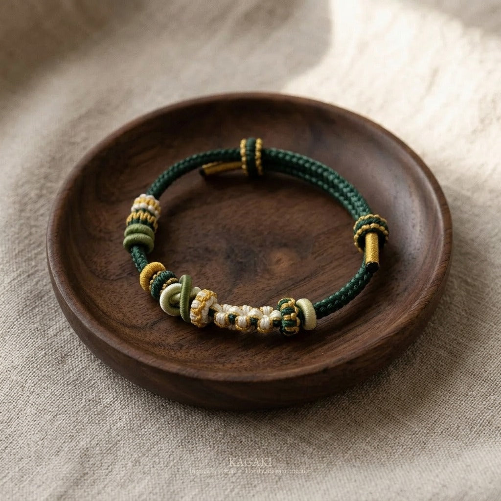 KAGAKI Bind Highland Green double-fastened braided cord, studio view, handmade cord bracelet gift