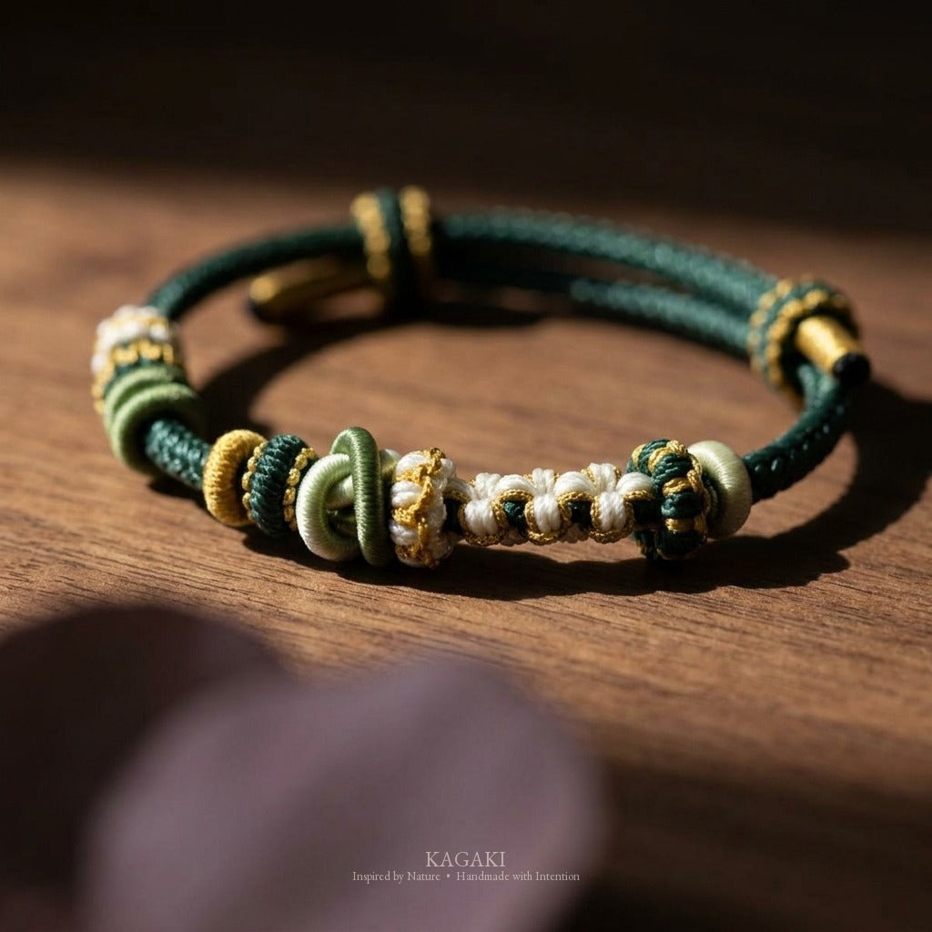 KAGAKI Bind Highland Green double-fastened braided cord, studio view, handmade cord bracelet gift