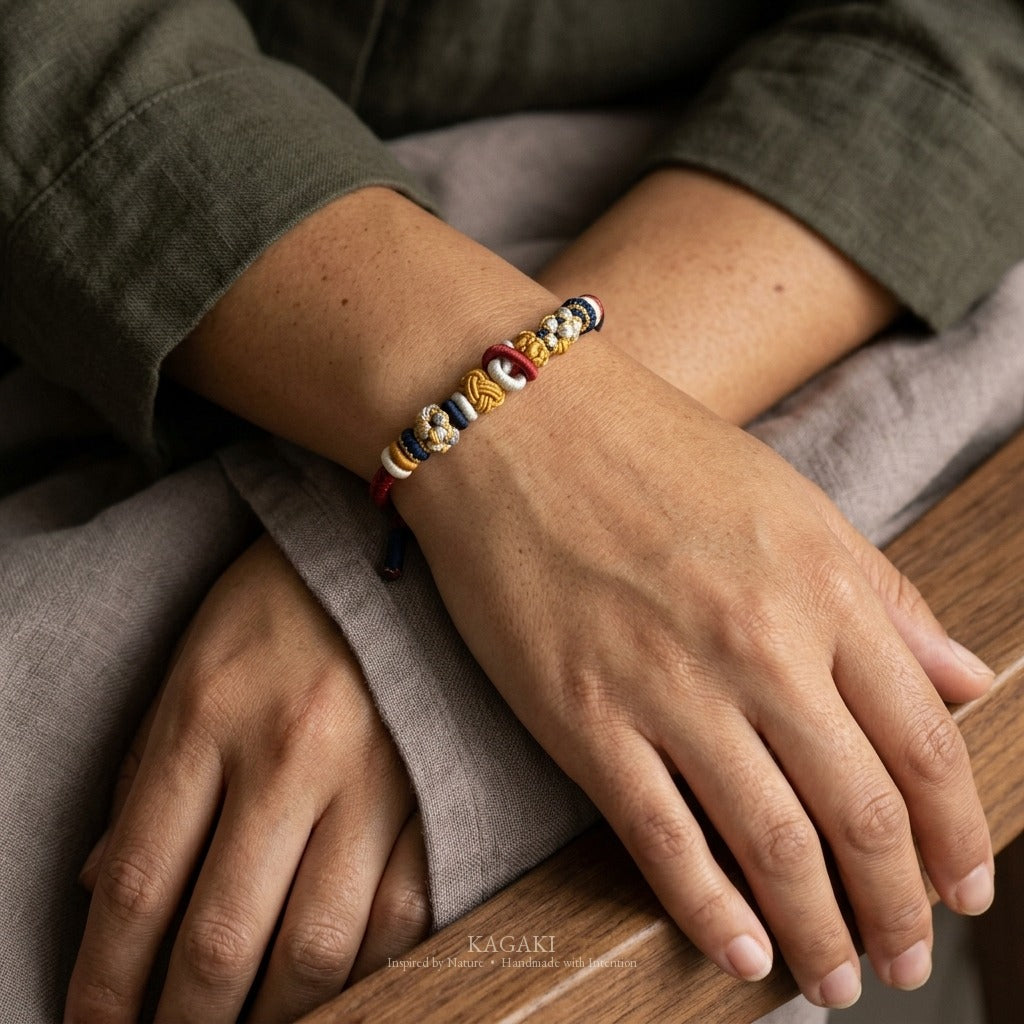KAGAKI Bind Himalaya Dusk double-fastened braided cord, wrist view, handmade cord bracelet gift
