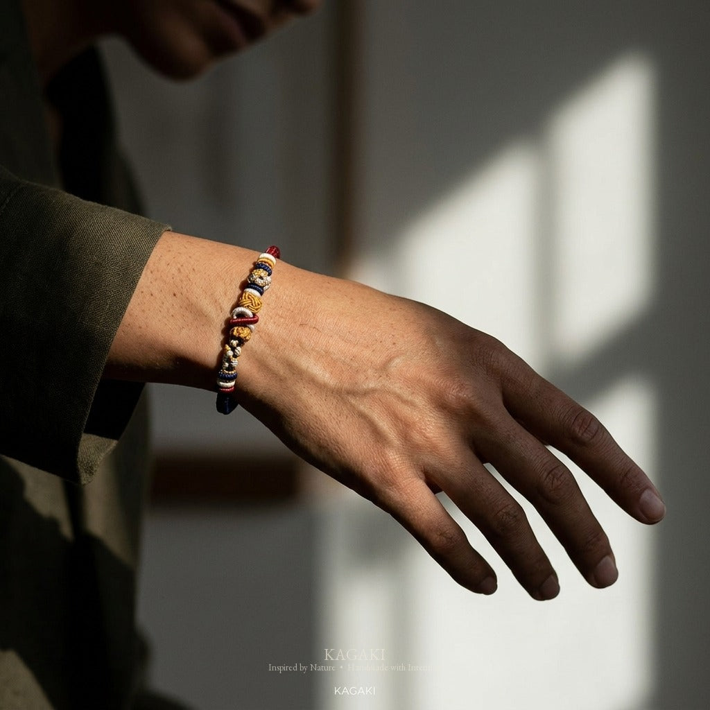 KAGAKI Bind Himalaya Dusk double-fastened braided cord, wrist view, handmade cord bracelet gift