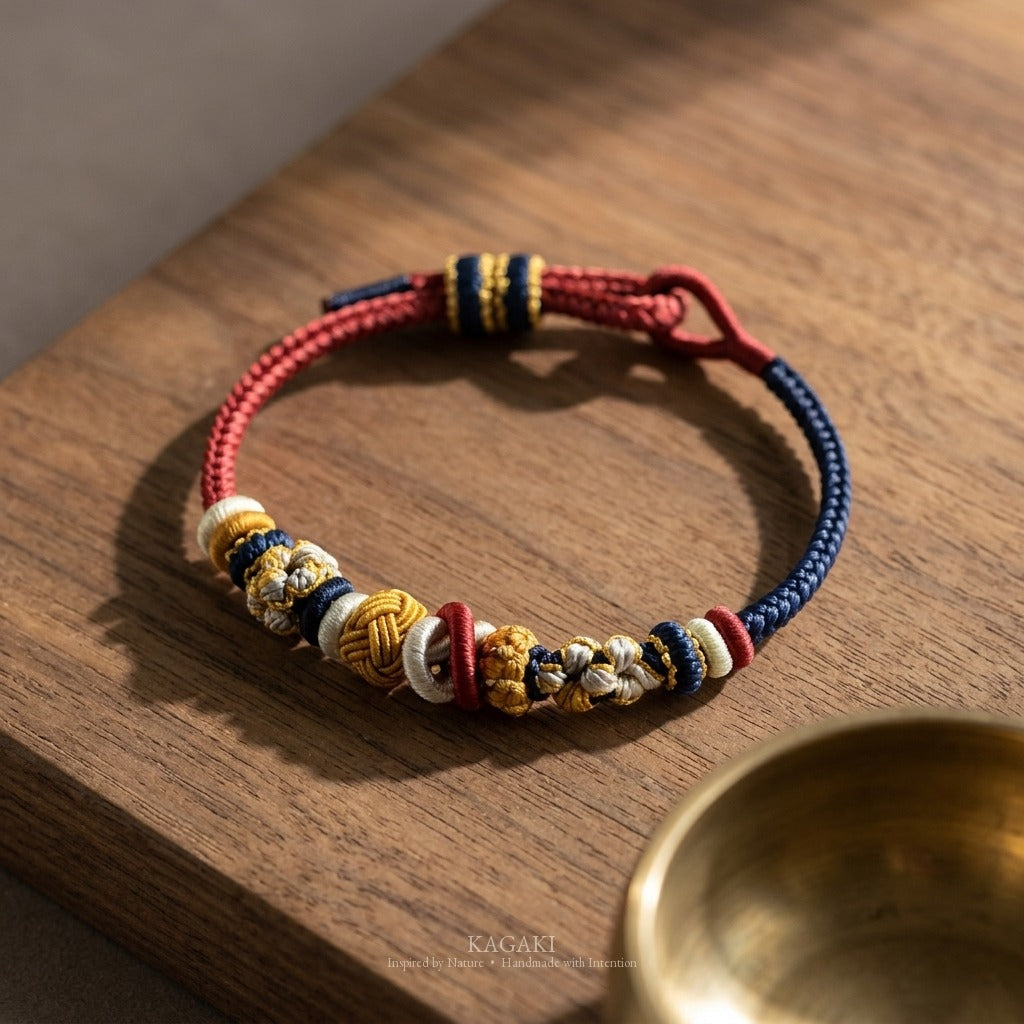 KAGAKI Bind Himalaya Dusk double-fastened braided cord, studio view, handmade cord bracelet gift