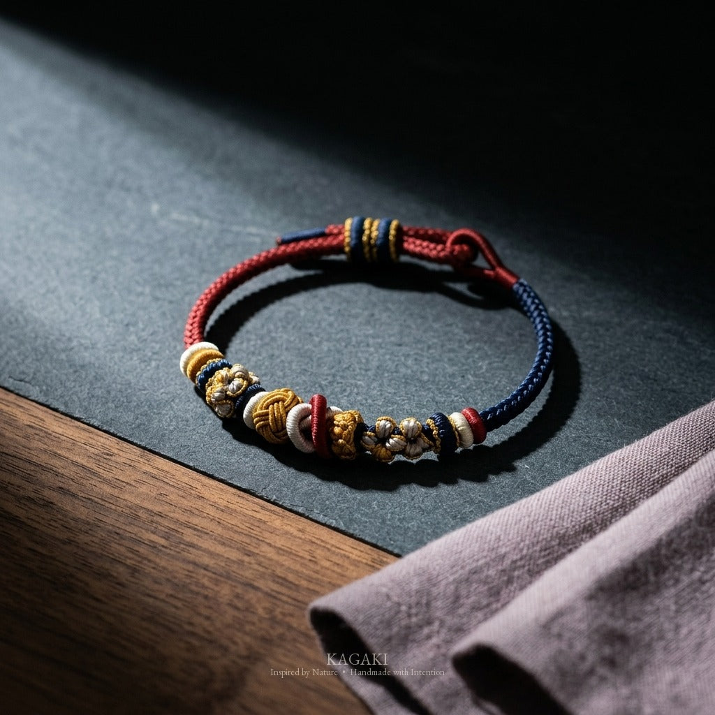 KAGAKI Bind Himalaya Dusk double-fastened braided cord, studio view, handmade cord bracelet gift