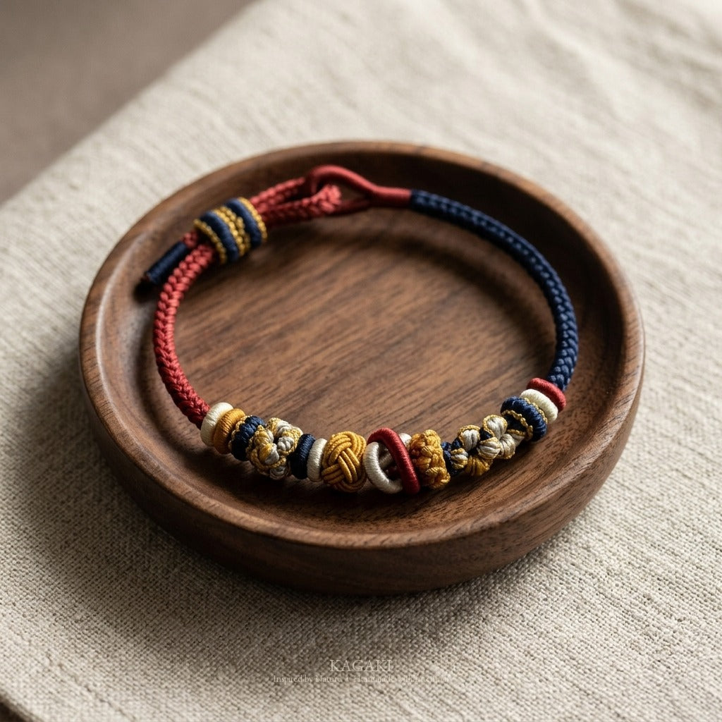 KAGAKI Bind Himalaya Dusk double-fastened braided cord, studio view, handmade cord bracelet gift