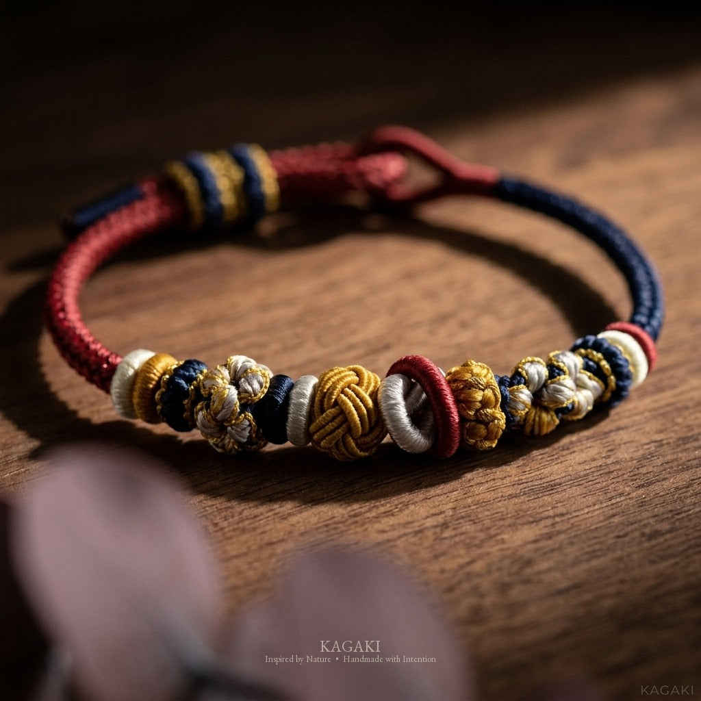 KAGAKI Bind Himalaya Dusk double-fastened braided cord, studio view, handmade cord bracelet gift
