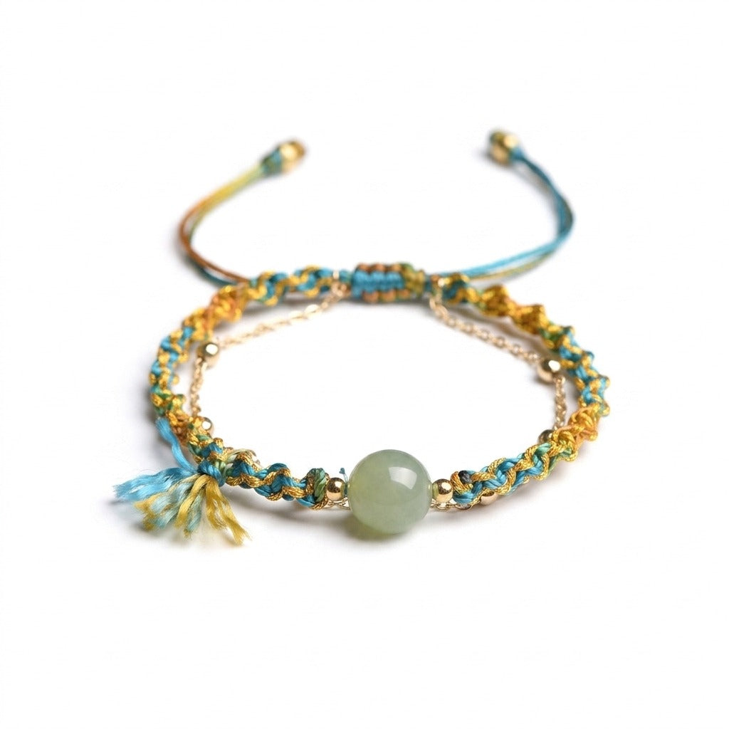 KAGAKI handmade cord bracelet double-layer jade cord bracelet — turquoise + gold + green, main catalog image on white.
