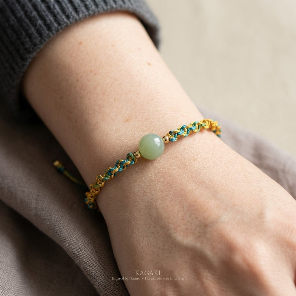 KAGAKI handmade cord bracelet double-layer jade cord bracelet — turquoise + gold + green, natural lifestyle wrist detail.