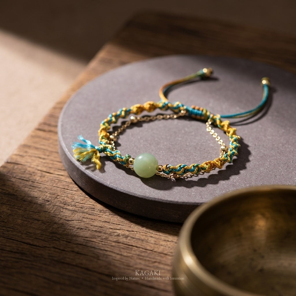 KAGAKI handmade cord bracelet double-layer jade cord bracelet — turquoise + gold + green, editorial styled scene.