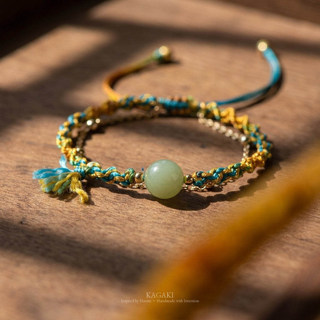 KAGAKI handmade cord bracelet double-layer jade cord bracelet — turquoise + gold + green, editorial styled scene.