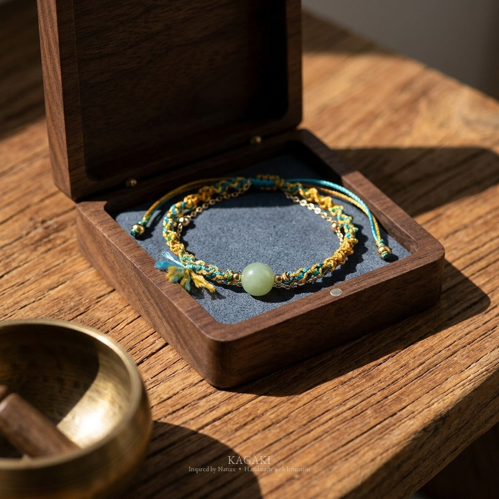 KAGAKI handmade cord bracelet double-layer jade cord bracelet — turquoise + gold + green, editorial styled scene.