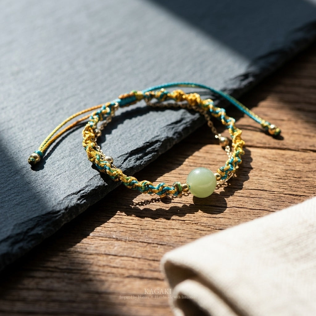 KAGAKI handmade cord bracelet double-layer jade cord bracelet — turquoise + gold + green, editorial styled scene.