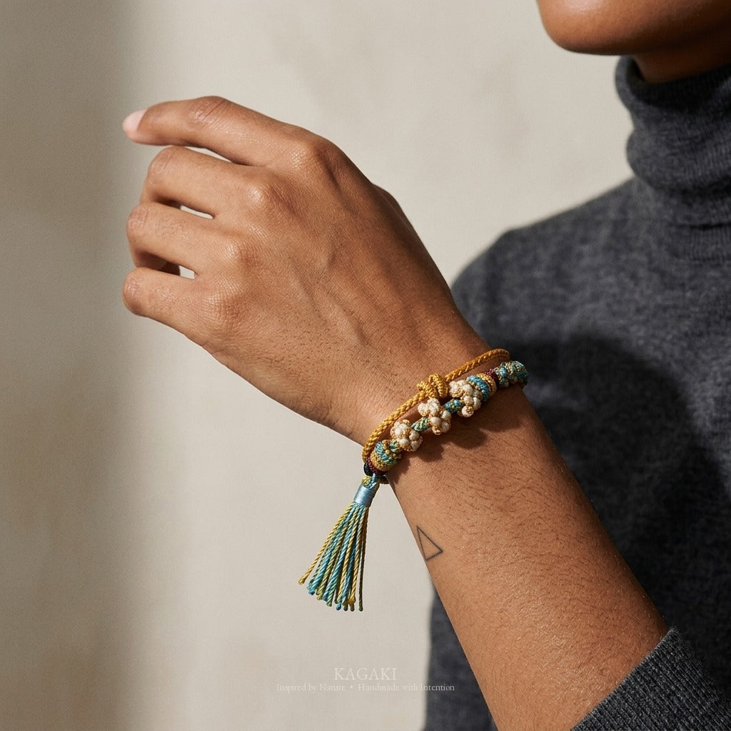 KAGAKI handmade tassel meditation cord bracelet — Cascade – 滝 — Still Cascade — on-wrist-luxury-supplemental (9/24)