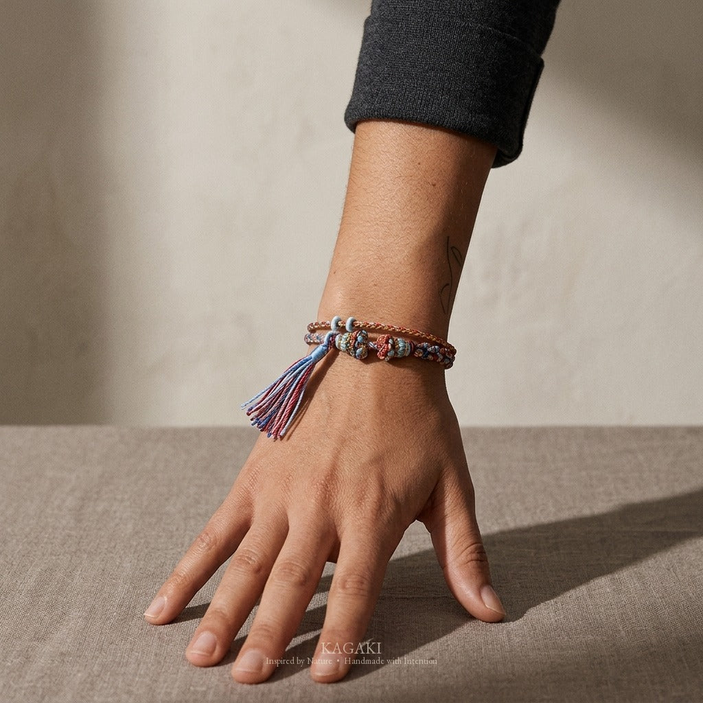 KAGAKI handmade tassel meditation cord bracelet — Cascade – 滝 — Koi Cascade — on-wrist-luxury-supplemental (21/24)