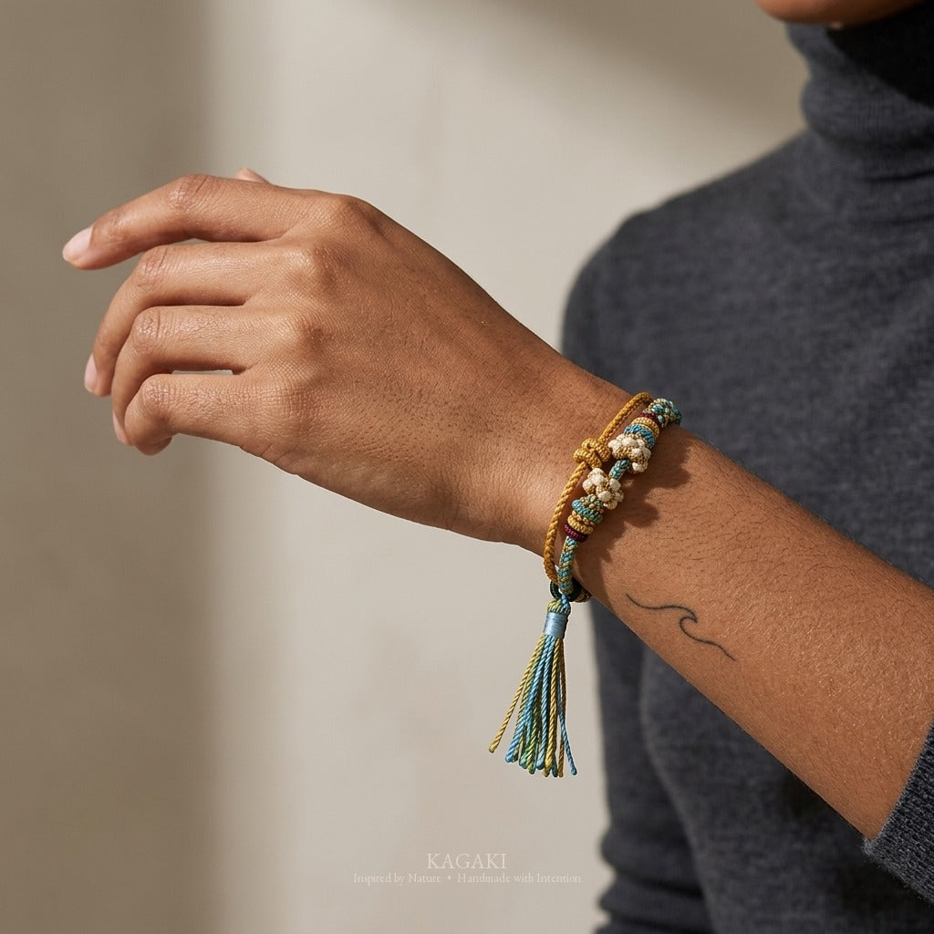 KAGAKI handmade tassel meditation cord bracelet — Cascade – 滝 — — — on-wrist-luxury (5/24)