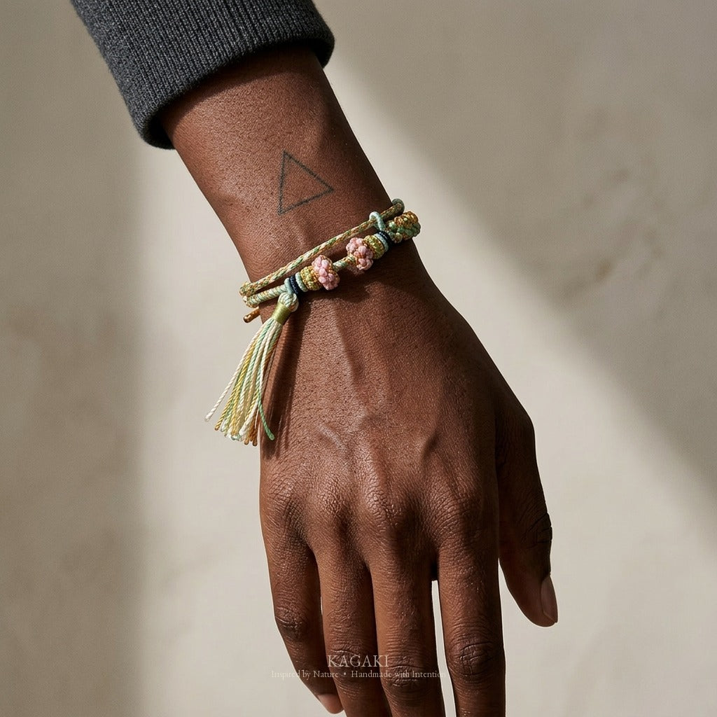 KAGAKI handmade tassel meditation cord bracelet — Cascade – 滝 — Spring Cascade — on-wrist-luxury-supplemental (12/24)