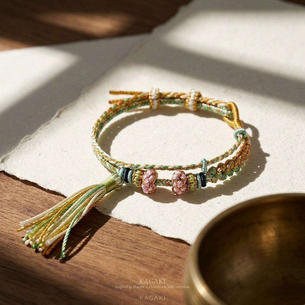 KAGAKI handmade tassel meditation cord bracelet — Cascade – 滝 — Spring Cascade — styled-scene-supplemental (11/24)