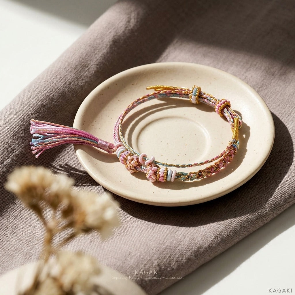 KAGAKI handmade tassel meditation cord bracelet — Cascade – 滝 — Petal Cascade — styled-scene-supplemental (14/24)