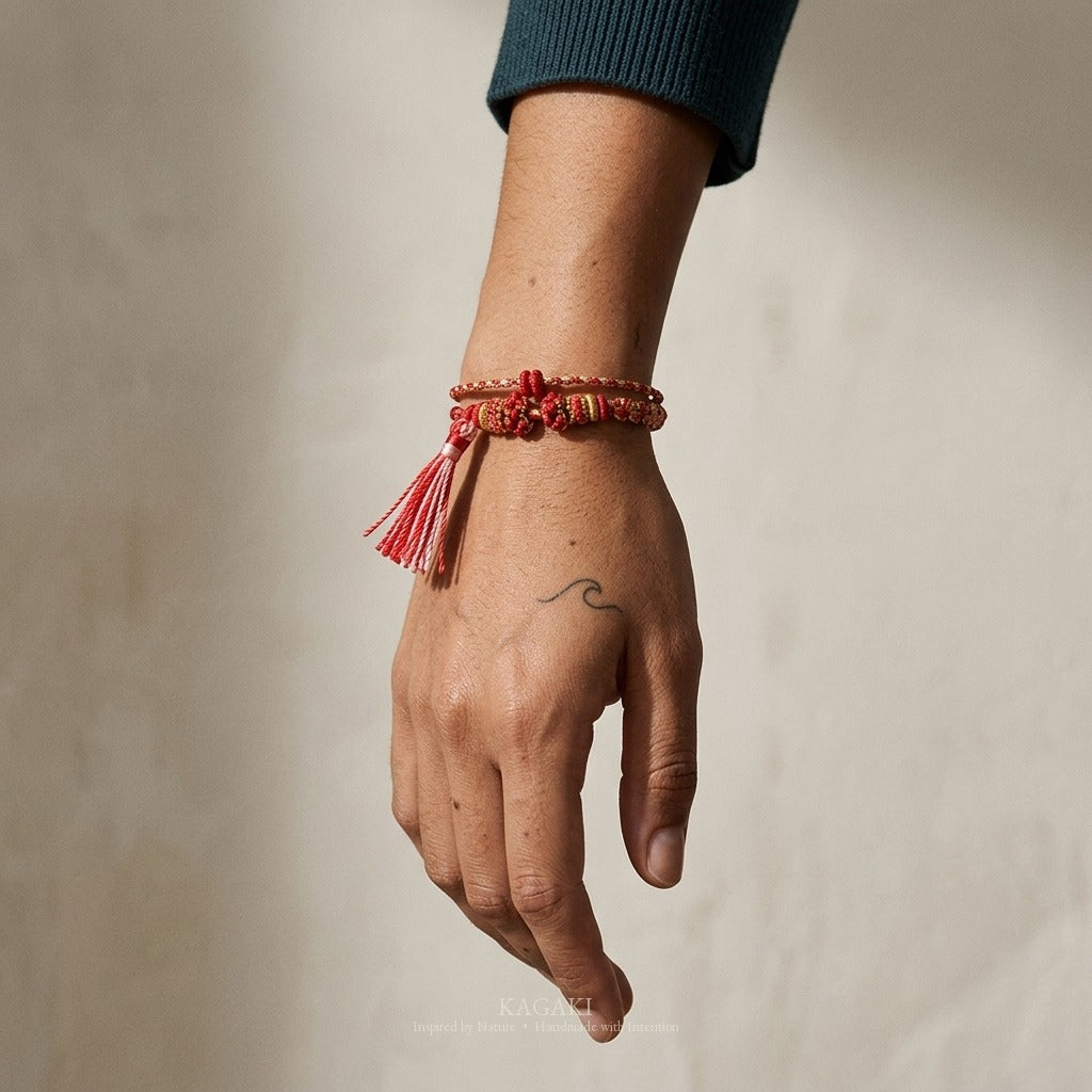 KAGAKI handmade tassel meditation cord bracelet — Cascade – 滝 — Ember Cascade — on-wrist-luxury-supplemental (18/24)