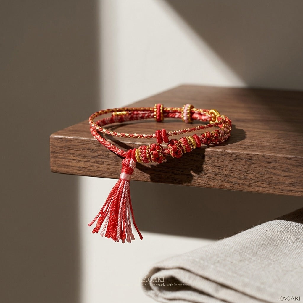 KAGAKI handmade tassel meditation cord bracelet — Cascade – 滝 — Ember Cascade — styled-scene-supplemental (17/24)