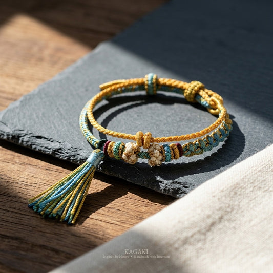 KAGAKI handmade tassel meditation cord bracelet — Cascade – 滝 — — — styled-scene (1/24)