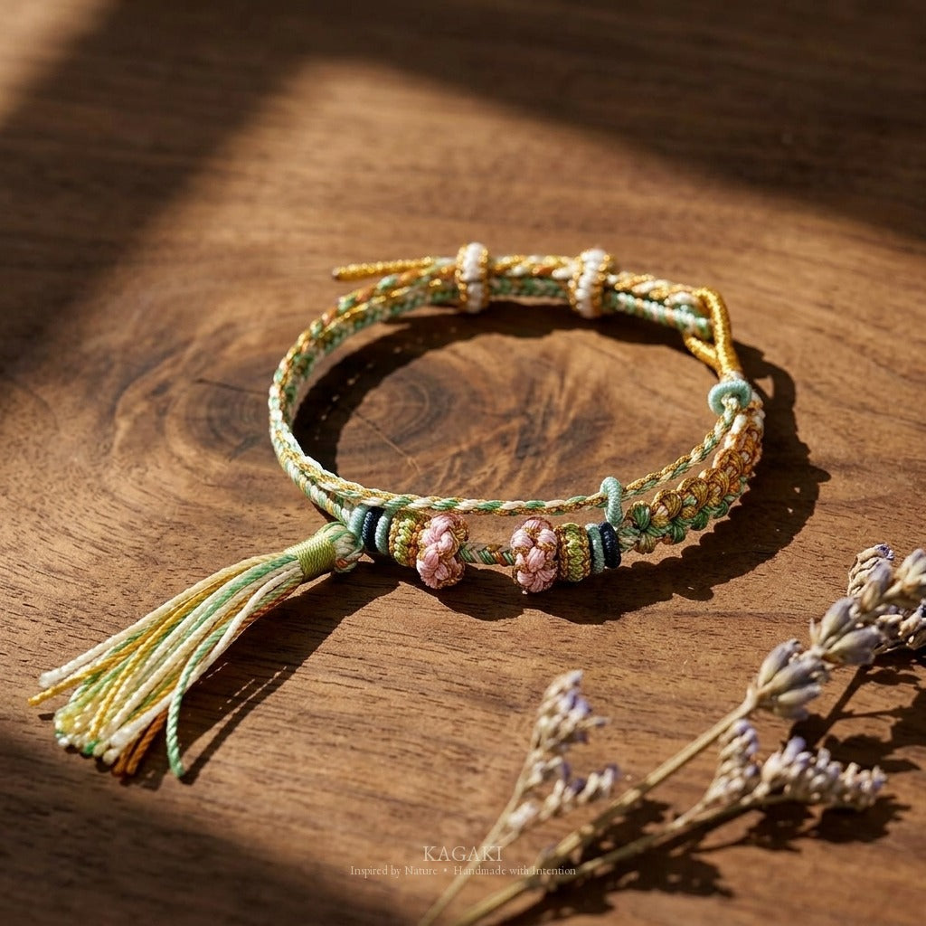 KAGAKI handmade tassel meditation cord bracelet — Cascade – 滝 — — — styled-scene (2/24)