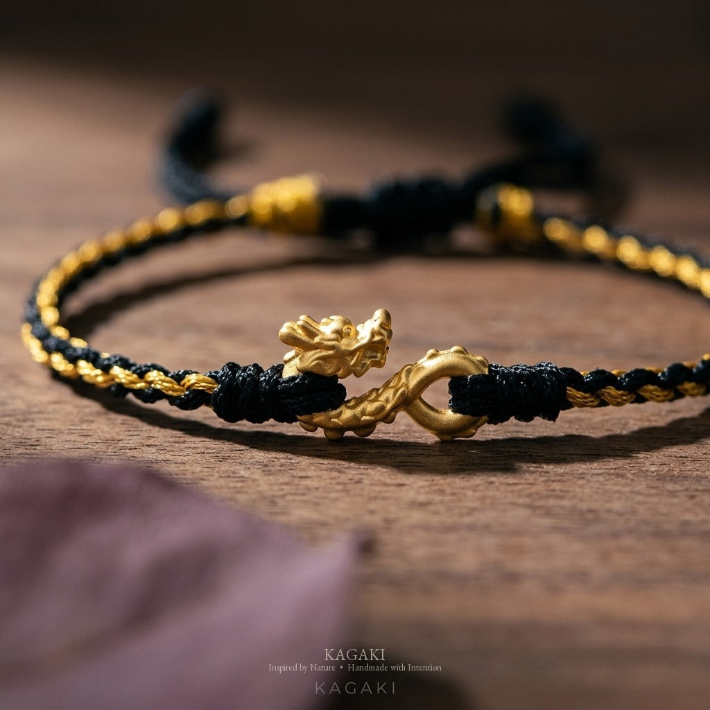 KAGAKI Wyrm Onyx Wyrm dragon charm lucky cord, studio view, lucky bracelet gift