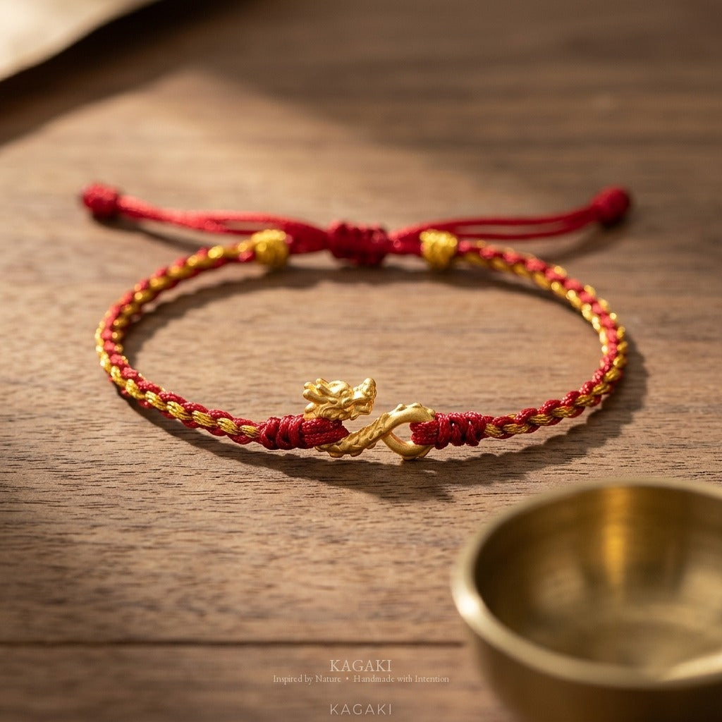 KAGAKI Wyrm Crimson Wyrm dragon charm lucky cord, studio view, lucky bracelet gift