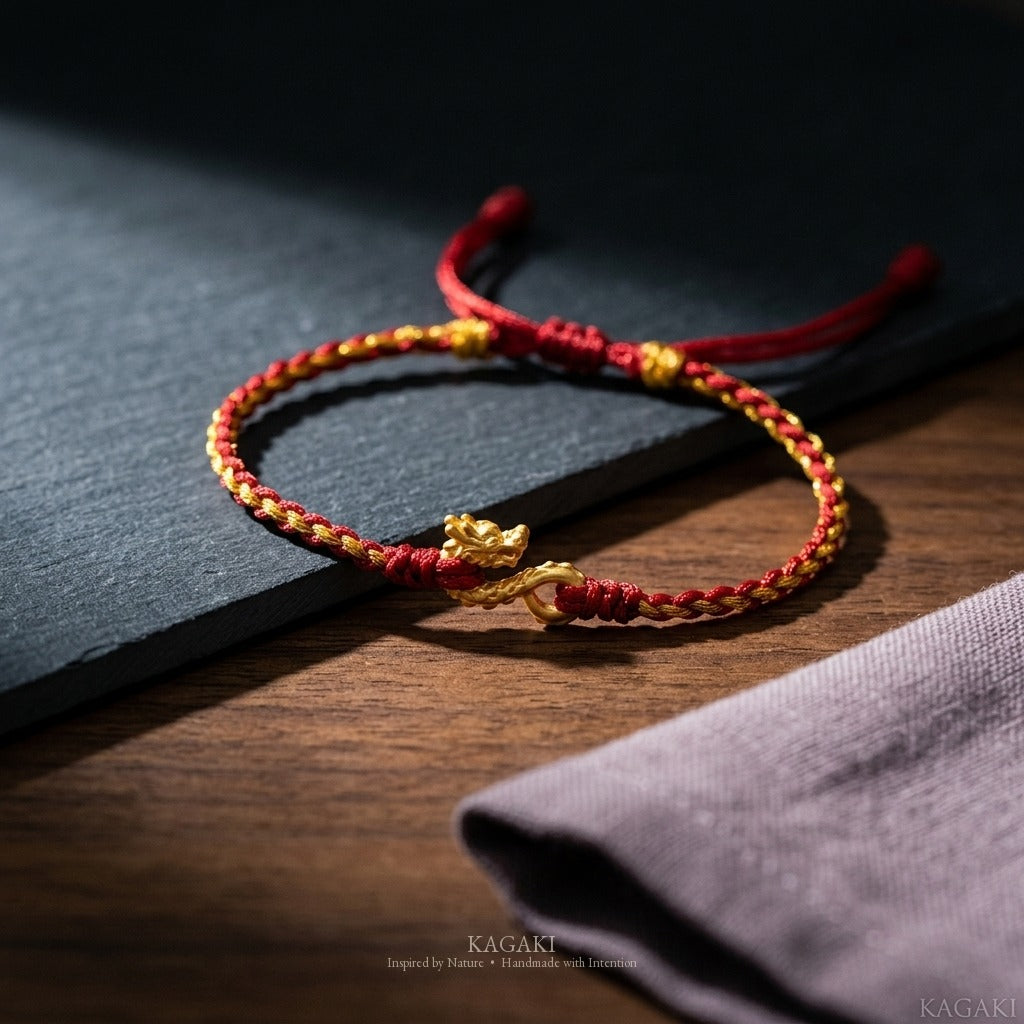 KAGAKI Wyrm Crimson Wyrm dragon charm lucky cord, studio view, lucky bracelet gift