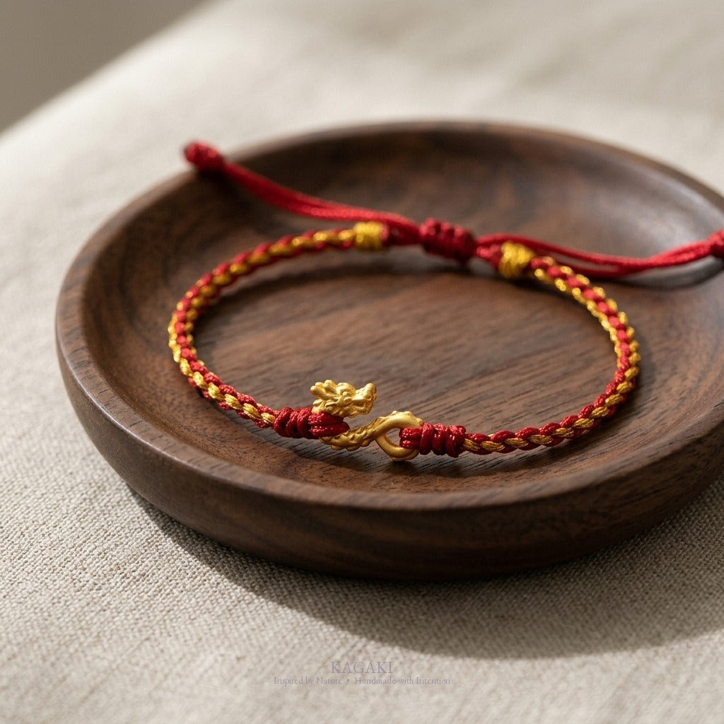 KAGAKI Wyrm Crimson Wyrm dragon charm lucky cord, studio view, lucky bracelet gift