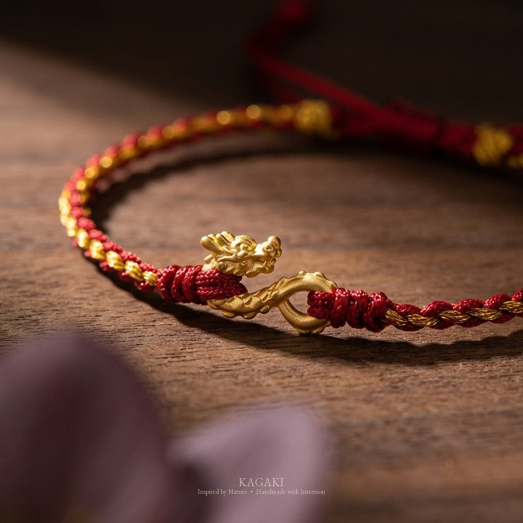 KAGAKI Wyrm Crimson Wyrm dragon charm lucky cord, studio view, lucky bracelet gift