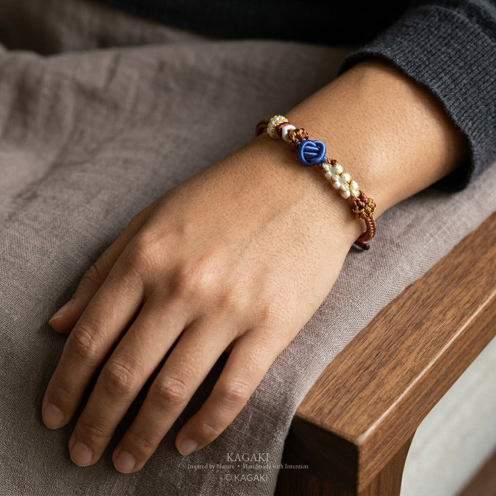 KAGAKI Haze Loam Steady earth and mist meditation cord, wrist view, meditation daily ritual