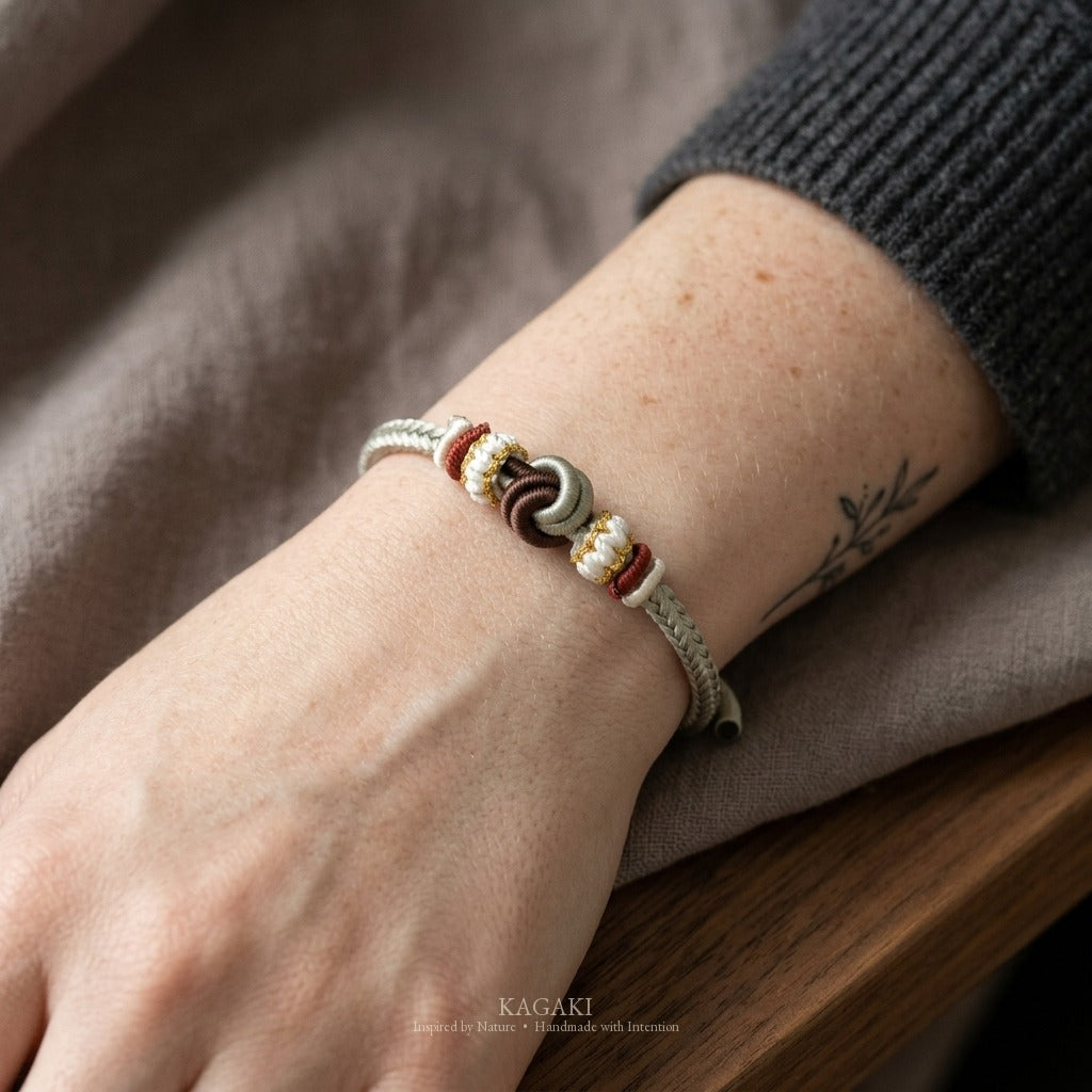 KAGAKI Haze Loam Steady earth and mist meditation cord, wrist view, meditation daily ritual