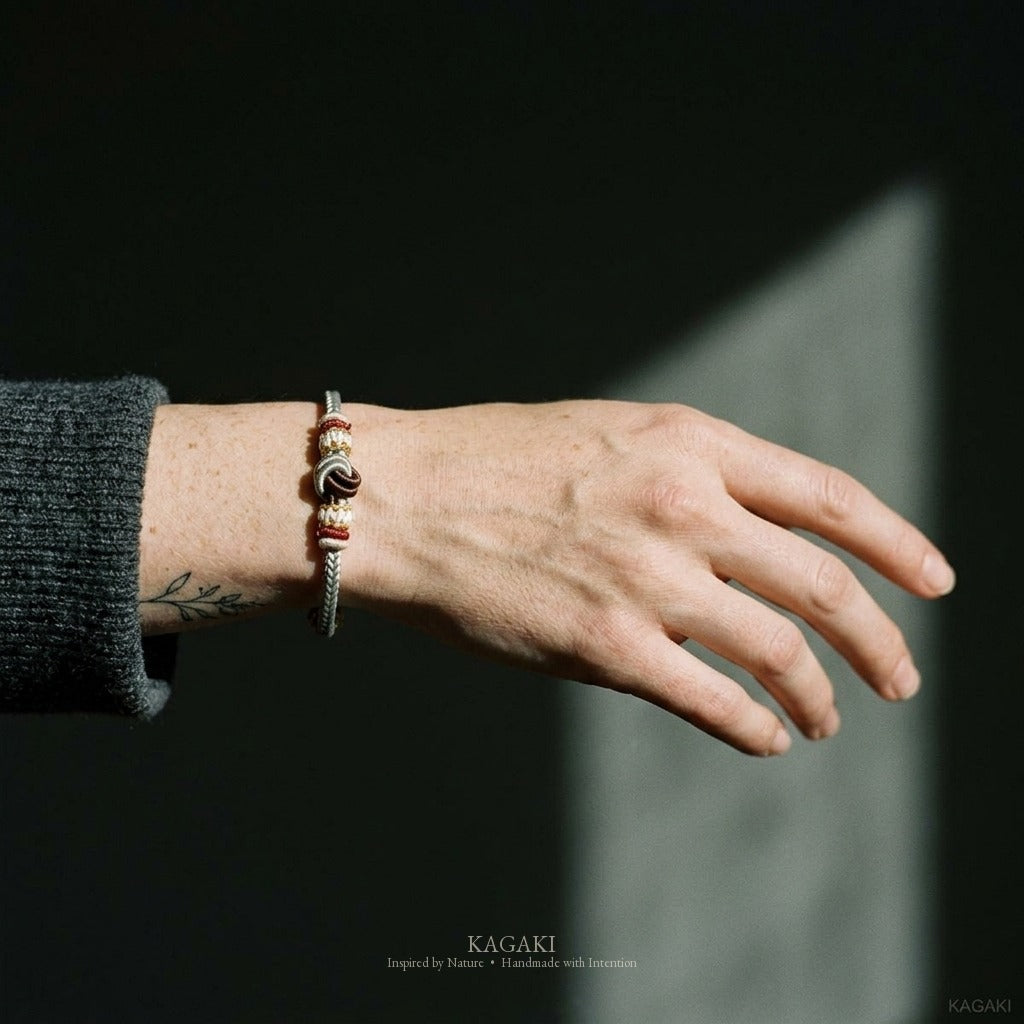 KAGAKI Haze Loam Steady earth and mist meditation cord, wrist view, meditation daily ritual