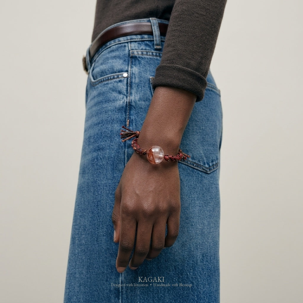 KAGAKI Spark fire quartz sphere braided cord bracelet, worn on wrist, handmade fire quartz