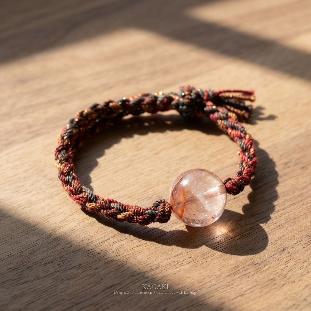 KAGAKI Spark fire quartz sphere braided cord bracelet, studio styled view, handmade fire quartz