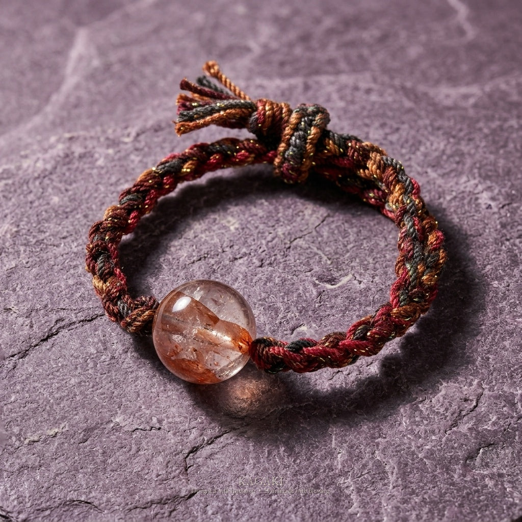 KAGAKI Spark fire quartz sphere braided cord bracelet, studio styled view, handmade fire quartz