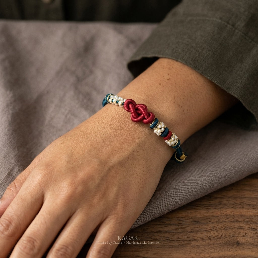 KAGAKI Quintet First Breath five moments infinity knot meditation, wrist view, meditation daily ritual