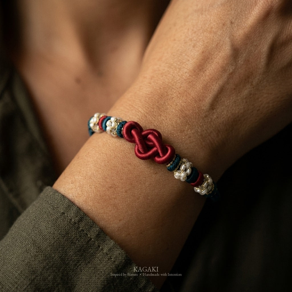 KAGAKI Quintet First Breath five moments infinity knot meditation, wrist view, meditation daily ritual