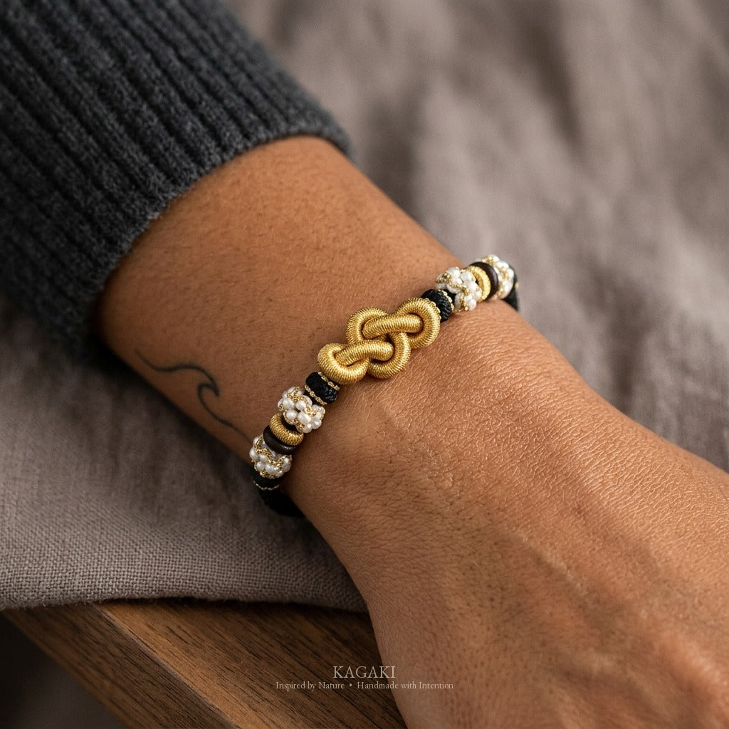 KAGAKI Quintet Soft Return five moments infinity knot meditation, wrist view, meditation daily ritual