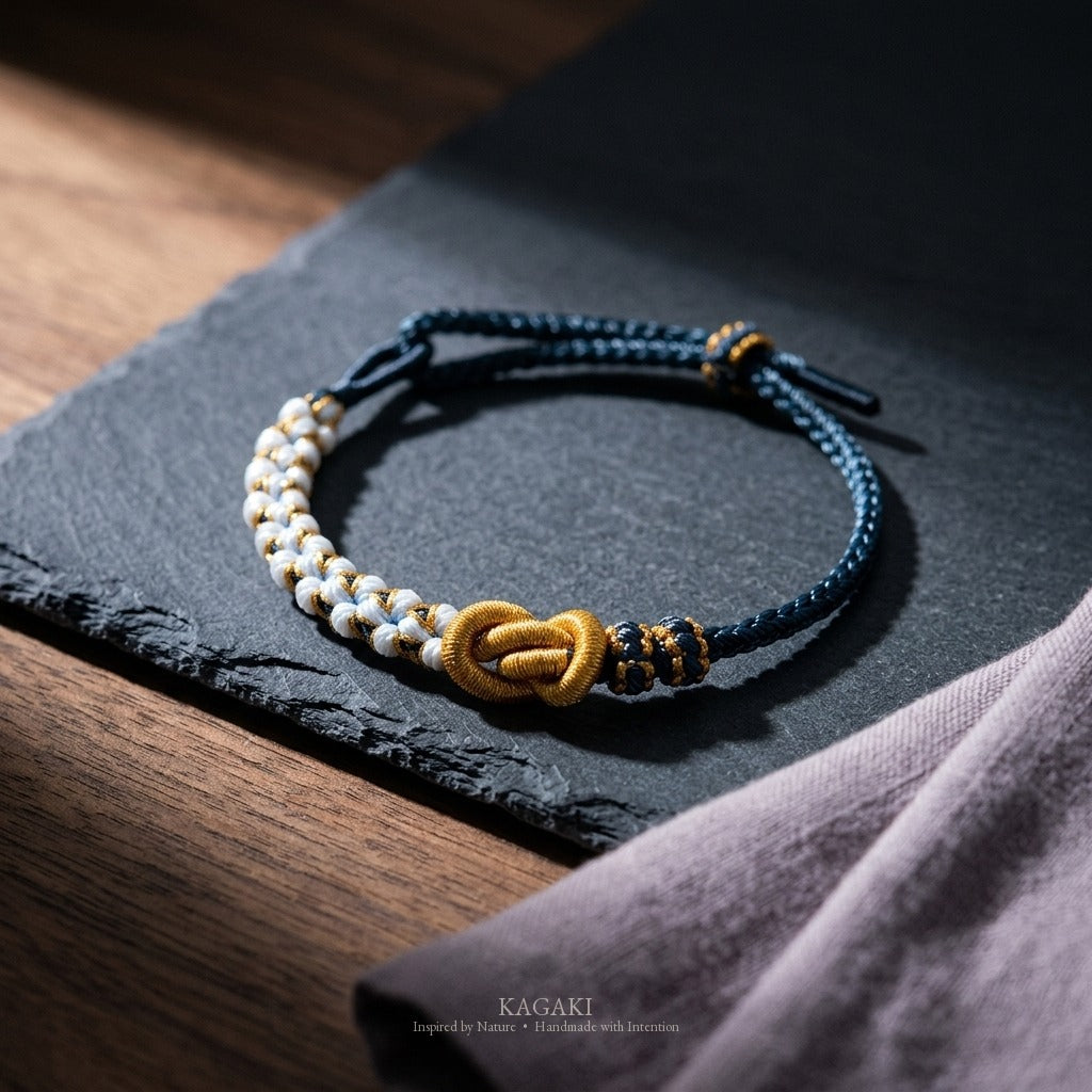 KAGAKI Twin Tide and Gold friendship couple red string cord, studio view, friendship couple bracelet gift