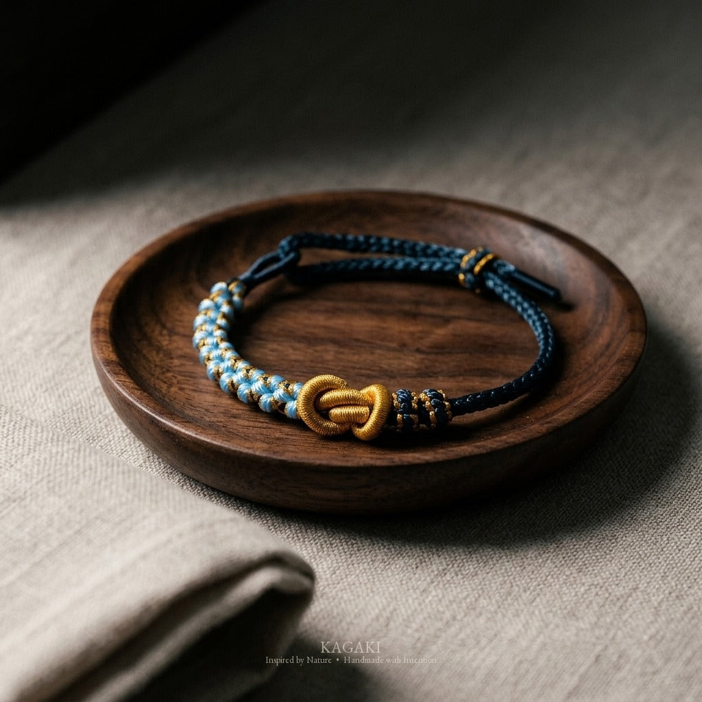 KAGAKI Twin Tide and Gold friendship couple red string cord, studio view, friendship couple bracelet gift